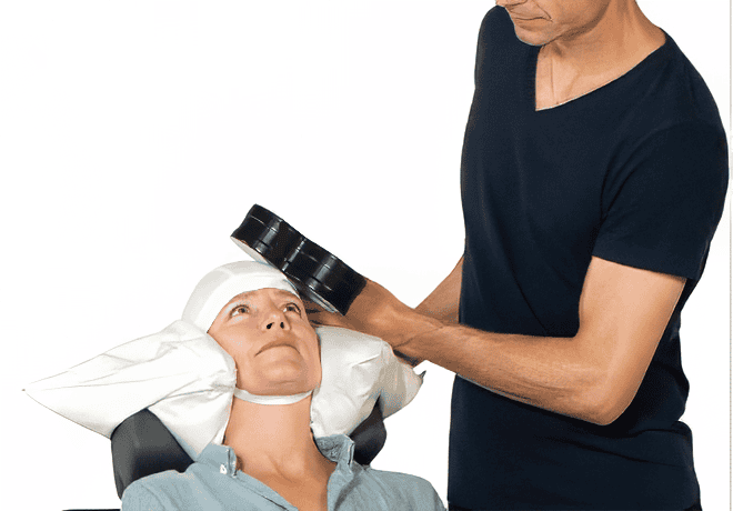 TMS therapy being applied to a patient by a therapist