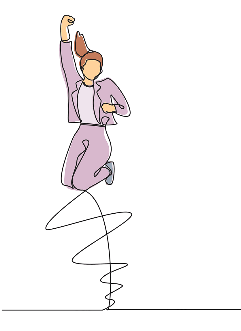 Line art • happy woman jumping up with raised hand