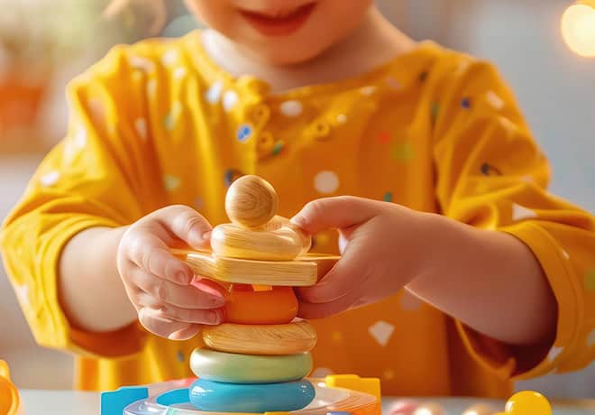 Child stacking wooden rings during occupational therapy